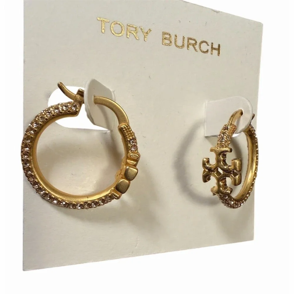 Tory Burch Eleanor Small Hoop Earrings Gold Logo Charm Clear Crystal Pavé